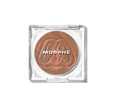 {Sunset} Cloudlight Soft Glow Veil open compact showing warm bronze shimmer powder with embossed MORPHE logo in clear square case.