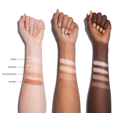 Cloudlight Soft Glow Veil arm swatches of shades DAWN, SUNRISE, GOLDEN HOUR, and SUNSET shown across three skin tones with a soft luminous finish.