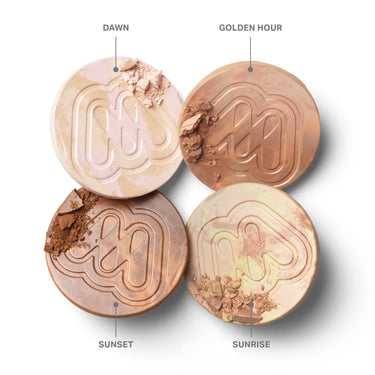 {Dawn} Four Cloudlight Soft Glow Veil shades displayed open with crushed powder: DAWN, GOLDEN HOUR, SUNSET, and SUNRISE.