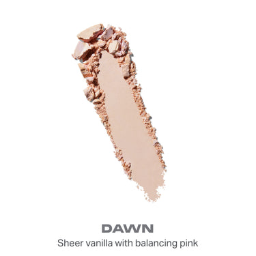 {Dawn} Cloudlight Soft Glow Veil powder swatch with embedded text: DAWN — Sheer vanilla with balancing pink.