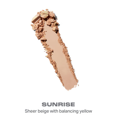 {Sunrise} Cloudlight Soft Glow Veil powder swatch labeled "SUNRISE — Sheer beige with balancing yellow" showing a warm beige smear.