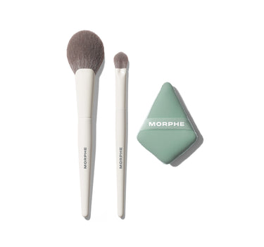 Morphe Conceal & Set Tool Trio featuring two white-handled brushes labeled MORPHE with gray bristles and a sage green diamond sponge labeled MORPHE. | Conceal & Set Tool Trio