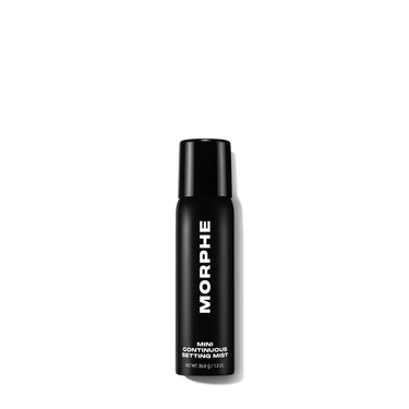 {Mini - 1.3 Oz} Morphe Mini Continuous Setting Mist black spray bottle labeled MINI CONTINUOUS SETTING MIST, NET WT. 36.8 g / 1.3 OZ., on white background. | Continuous Setting Mist