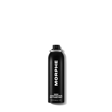 {Mini - 1.3 Oz} Black Morphe spray can labeled MORPHE MINI CONTINUOUS SETTING MIST, NET WT. 36.8 g / 1.3 OZ., silver collar and black nozzle.