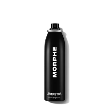 {Regular - 2.8 Oz} Black Morphe Continuous Setting Mist spray can with text: MORPHE, CONTINUOUS SETTING MIST, NET WT. 79.4 g / 2.8 oz.