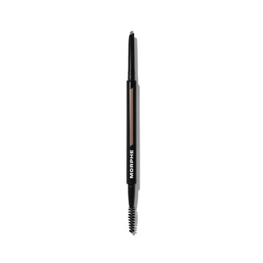 {Hazelnut (taupe)} MORPHE Definer Dual-Ended Brow Pencil & Spoolie in Hazelnut, black barrel with taupe shade window, micro pencil tip and spoolie end.
