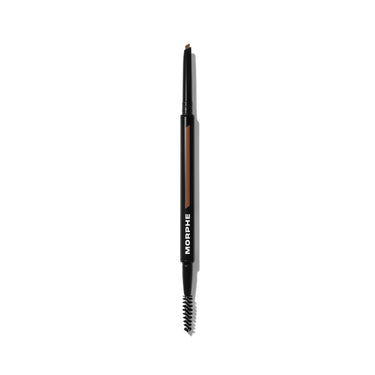 {Mocha (rich brown)} Morphe Definer Dual Ended Brow Pencil And Spoolie in Mocha, black barrel with warm brown shade stripe, MORPHE wordmark, angled pencil tip, and spoolie end.