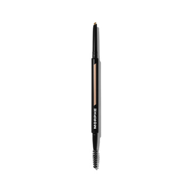 {Praline (light blonde)} Morphe Definer Dual-Ended Brow Pencil and Spoolie, black barrel with tan shade window and MORPHE branding, angled pencil tip and spoolie end.