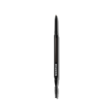 {Chocolate Mousse (soft black)} Morphe Micro Brow Dual-Ended Pencil & Spoolie in a sleek black barrel with MORPHE branding, micro pencil tip and spoolie end.
