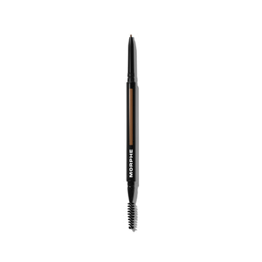 {Latte (soft brown)} Morphe Micro Brow Dual-Ended Pencil & Spoolie in a black barrel printed MORPHE, with a warm brown pencil tip and spoolie brush end.