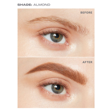 {Almond (warm brown)} SHADE: ALMOND before/after showing sparse brows transformed to full, defined brows with Morphe Definer Dual-Ended Brow Pencil & Spoolie.