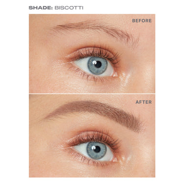 {Biscotti (light taupe)} SHADE: BISCOTTI before and after close-up showing sparse brows transformed to full, defined brows with Definer Dual Ended Brow Pencil And Spoolie; BEFORE and AFTER labels visible.