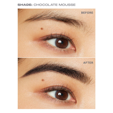 {Chocolate Mousse (soft black)} SHADE: CHOCOLATE MOUSSE before-and-after comparison showing fuller, defined brows with the Definer Dual-Ended Brow Pencil & Spoolie — BEFORE and AFTER labels visible.