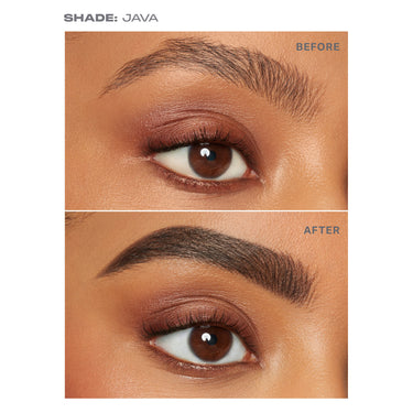 {Java (deep brown)} SHADE: JAVA before and after showing sparse brows transformed to fuller, defined brows using the Definer Dual-Ended Brow Pencil & Spoolie.
