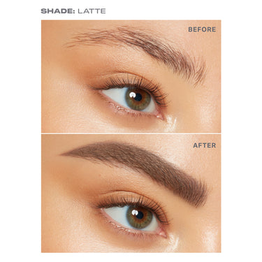{Latte (soft brown)} SHADE: LATTE before-and-after close-up showing sparse brows then bold defined brows with Definer Dual-Ended Brow Pencil & Spoolie, labeled BEFORE and AFTER.