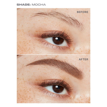 {Mocha (rich brown)} Definer Dual-Ended Brow Pencil & Spoolie before-and-after showing defined brows, labeled SHADE: MOCHA, BEFORE, AFTER.