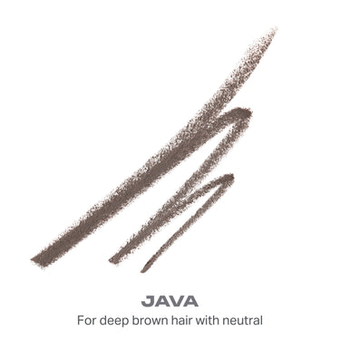 {Java (deep brown)} Definer Dual-Ended Brow Pencil & Spoolie swatch showing three deep brown strokes, JAVA, For deep brown hair with neutral