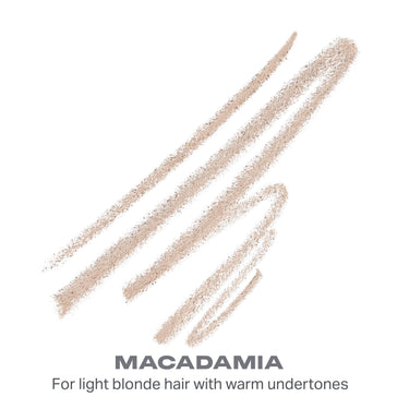 {Macadamia (light blonde)} Definer Dual-Ended Brow Pencil swatch in Macadamia — light taupe strokes with text "MACADAMIA For light blonde hair with warm undertones."