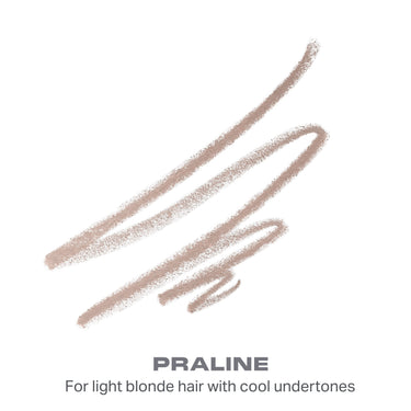 {Praline (light blonde)} Definer Dual Ended Brow Pencil and Spoolie shade swatches showing thin, precise strokes; text: PRALINE, For light blonde hair with cool undertones.