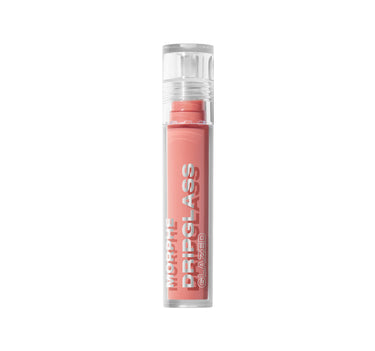 {Polished Peach} Closed clear tube of Polished Peach Dripglass Glazed High Shine Lip Gloss showing coral-pink formula, labeled MORPHE DRIPGLASS GLAZED.