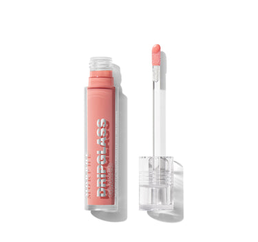{Polished Peach} Morphe Dripglass Glazed High Shine Lip Gloss in peachy-pink with clear tube, coral wand applicator, labeled "MORPHE DRIPGLASS GLAZED High Shine Lip Gloss/Brillant À Lèvres Ultra-Lumineux."