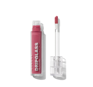 {Shatterproof Mauve} Morphe Dripglass Glazed High Shine Lip Gloss open clear tube with doe-foot applicator loaded with rosy mauve gloss.