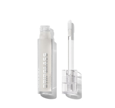 {So Transparent} Morphe Dripglass Glazed High Shine Lip Gloss open clear tube with doe-foot applicator, sheer glittery glaze finish, labeled "MORPHE DRIPGLASS GLAZED High Shine Lip Gloss / Brillant À Lèvres Ultra-Lumineux."