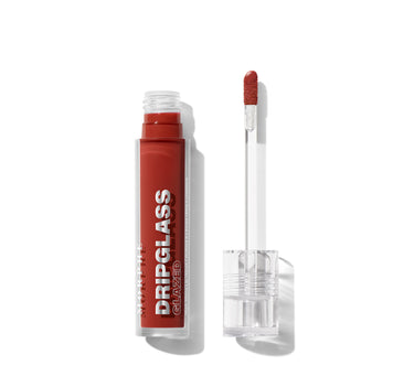 {Unbreakable Brick} Morphe Dripglass Glazed High Shine Lip Gloss in deep brick-red tube labeled MORPHE DRIPGLASS GLAZED, shown open with doe-foot applicator coated in shade.
