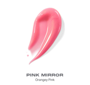 {Pink Mirror} Glossy teardrop swatch of Dripglass Glazed High Shine Lip Gloss in PINK MIRROR Orangey Pink with wet shine and shimmer.