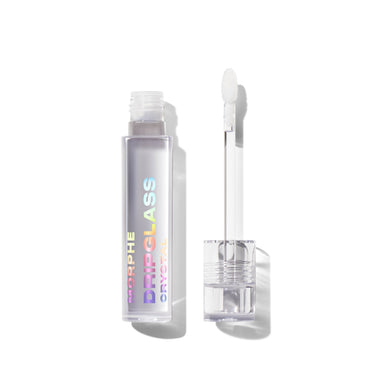 Morphe Dripglass Crystal Super Shine Lip Gloss tube open beside its doe-foot applicator wand, showing the clear, non-sticky formula. | Dripglass Crystal Super Shine Lip Gloss