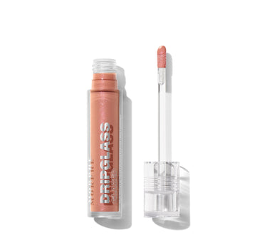 {Beige Beam} Morphe Dripglass Glazed High Shine Lip Gloss in shimmery beige-nude, clear tube labeled "MORPHE DRIPGLASS GLAZED High Shine Lip Gloss," shown open with doe-foot applicator.