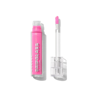 {Glint Of Pink} Morphe Dripglass Glazed High Shine Lip Gloss in hot pink open with sparkly pink doe-foot applicator, labeled "MORPHE DRIPGLASS GLAZED High Shine Lip Gloss / Brillant À Lèvres Ultra-Lumineux."