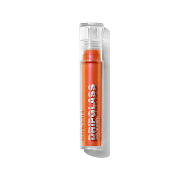 {Peach Prism} Morphe Dripglass Glazed High Shine Lip Gloss in shimmery peach-orange, clear tube labeled "MORPHE DRIPGLASS GLAZED High Shine Lip Gloss / Brillant à Lèvres Ultra-Lumineux," clear cap.