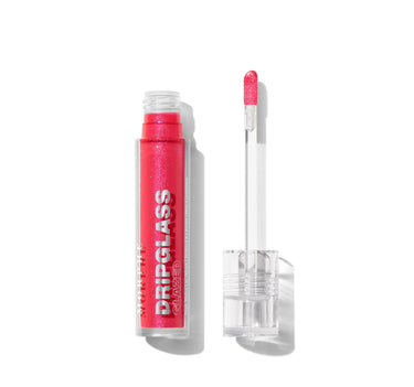 {Raspberry Reflection} Morphe Dripglass Glazed High Shine Lip Gloss open tube with doe-foot applicator, raspberry-pink glitter formula labeled "MORPHE DRIPGLASS GLAZED High Shine Lip Gloss / Brillant à Lèvres Ultra-Lumineux."