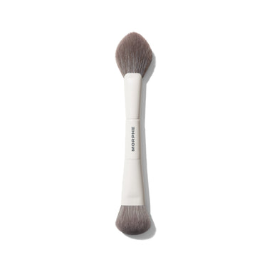 Morphe M200 Dual-Ended Cream & Powder Blush Brush from the Ultimate Brush Set, white handle printed with MORPHE, fluffy rounded bristles on both ends. | M200 Dual-Ended Cream & Powder Blush Brush