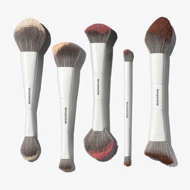 Morphe Dual-Ended Brush collection used with foundation, blush, bronzer, and eyeshadow product on bristles, MORPHE handles. | Dual-Ended Brush Bundle | Secondary image