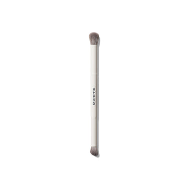 Morphe M300 Dual Ended Eyeshadow Brush with cream handle, rounded blending head and flat detail tip, labeled MORPHE. | M300 Dual-Ended Eyeshadow Brush