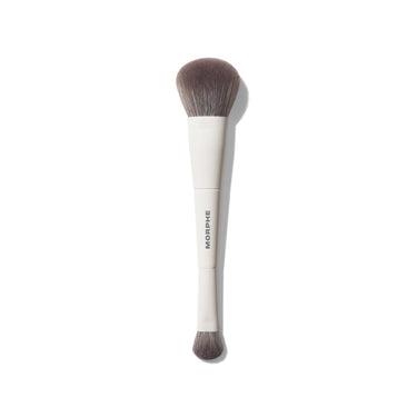 Morphe M100 Dual Ended Foundation & Concealer Brush with a large fluffy foundation head and small concealer tip, cream handle stamped MORPHE. | M100 Dual-Ended Foundation & Concealer Brush