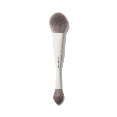 Morphe M160 Dual-Ended Powder Brush, white handle stamped MORPHE, large fluffy powder head and tapered cheek head. | M160 Dual-Ended Powder Brush