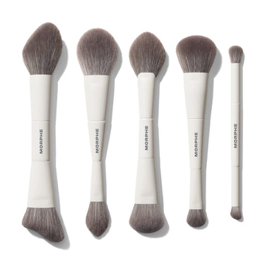 Morphe Dual-Ended Brush Bundle: M100, M160, M200, M240 dual-ended brushes plus M300 eyeshadow brush, white handles stamped MORPHE. | Dual-Ended Brush Bundle