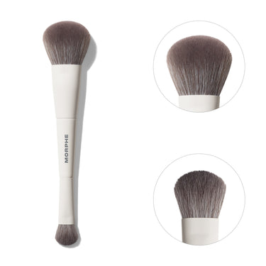 Morphe M100 Dual Ended Foundation & Concealer Brush with white handle branded MORPHE, shown full-length alongside close-up circles of both tapered ends. | M100 Dual-Ended Foundation & Concealer Brush | Secondary image