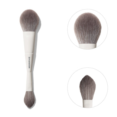 Morphe M160 Dual-Ended Powder Brush with close-up details of the fluffy powder head and tapered sculpting head. | M160 Dual-Ended Powder Brush | Secondary image