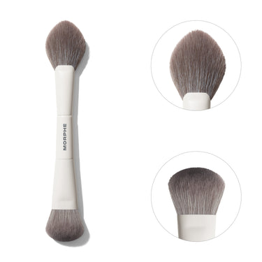 Morphe M200 Dual Ended Blush Brush with white handle engraved "MORPHE," showing close-ups of the tapered powder end and flat cream end. | M200 Dual-Ended Cream & Powder Blush Brush | Secondary image