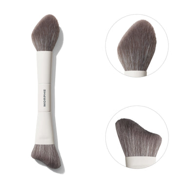 Morphe M240 Dual Ended Sculpt Brush with white handle engraved "MORPHE," showing close-ups of both rounded and angled brush ends. | M240 Dual-Ended Cream & Powder Sculpt Brush | Secondary image