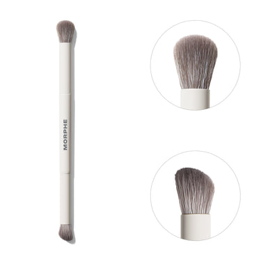 Morphe M300 Dual Ended Eyeshadow Brush with white handle showing both fluffy brush ends in close-up detail circles. | M300 Dual-Ended Eyeshadow Brush | Secondary image