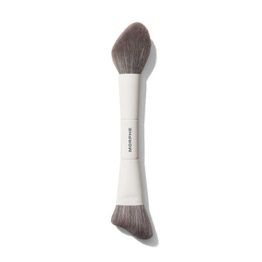 Morphe M240 Dual Ended Sculpt Brush with cream and powder ends, cream handle printed with MORPHE, on white background. | M240 Dual-Ended Cream & Powder Sculpt Brush