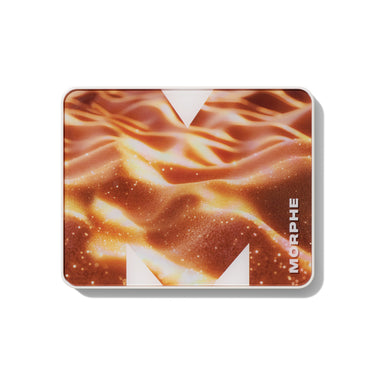 {Flickering Sands} Closed Morphe ChromaPlus 12-Pan Eyeshadow Palette with MORPHE wordmark on warm bronze-gold shimmering sand-wave lid design.