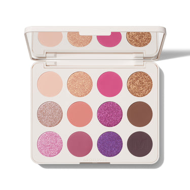 {Electric Currant} Opened Morphe Chromaplus 12 Pan Eyeshadow Palette in cream case with mirror showing 12 shades: nude, rose gold glitter, hot pink, bronze glitter, pink glitter, coral, purple glitter, brown, pink shimmer, mauve, violet glitter, and deep plum with M logo; MORPHE engraved on case. | ChromaPlus 12-Pan Eyeshadow Palette | Secondary image