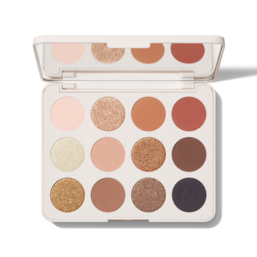 {Flickering Sands} Morphe ChromaPlus 12-Pan Eyeshadow Palette open in cream case showing 12 nude-to-burgundy matte and shimmer shades, MORPHE printed on case. | ChromaPlus 12-Pan Eyeshadow Palette