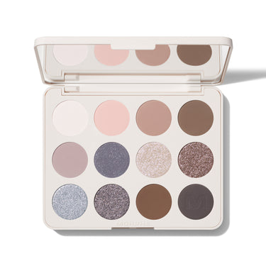 {Moon Stone} Chromaplus 12 Pan Eyeshadow Palette open showing 12 circular pans in nude, pink, mauve, grey, and brown mattes and shimmers, with MORPHE engraved on pan and case.